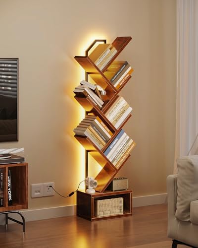 Casaottima Tree Bookshelf with LED Lights, 6-Tier Small Bookshelf, Vintage