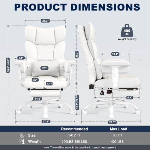 Misolant Big and Tall Office Chair with Footrest, High Back Executive Desk Chair with Adjustable Lift Armrest, 155°Recline，Lumbar Support Pillow, Faux Leather Gaming Chairs for Home All White