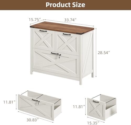 Halitaa Farmhouse Lateral File Cabinet with 3 Drawers, White and Brown