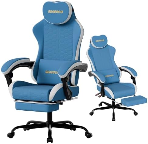Honeycomb Embossed Gaming Chair with Footrest & Massage Lumbar Support, Adjustable Ergonomic Office Chair for Adults, 300 lbs (Blue White)