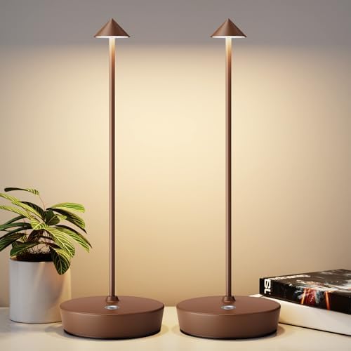 2Pack Rechargeable Cordless Table Lamp, Portable Powered LED Battery 6000mAh Metal USB Desk Lamp, 3 Levels Brightness Light for Restaurants Outdoor (2pack Coffee)
