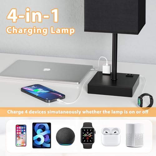 17.4" Black Bedside Table Lamp for Bedroom, Dimmable, USB C+A, 2 AC Outlets