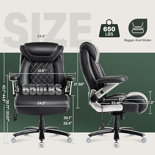 Large Big and Tall Office Chair 650lbs with Thick Spring Cushion, 5D Flip Arm Ergonomic Executive Office Chair Adjustable Lumbar Airbag&Extra Wide, Comfy Padded Heavy Duty Game Chair Dual Rubber Wheel