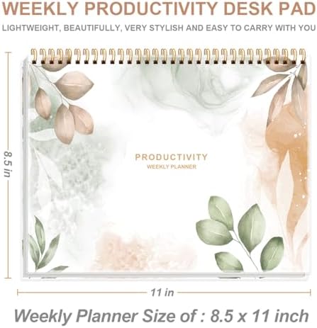 Weekly Productivity Planner - 8.5" x 11" Dashboard Desk Notepad Has 6 Focus Areas to List Tasks for Goals, Projects, Clients, Academic or Meal-Organize Your Daily Work Efficiently, 54 Weeks, Rose Leaf