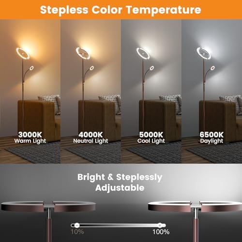 SIBRILLE 2-in-1 Brown LED Floor Lamp - 69" Dimmable Torchiere Standing Lamp with Remote Touch Control, 29W Bright Modern Floor Reading Lamp Pole Light for Living Room Bedroom Office Corner