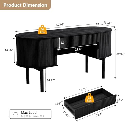 ORRD Home Office Oval Desk with Sliding Tambour Door and Drawer, Modern Fluted Wood Executive Computer Storage Desk for Study, Living Room, Bedroom, Office - Black