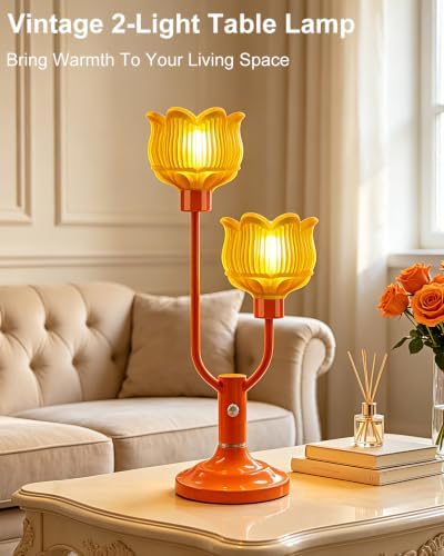 Flower Orange Table Lamp Dimmable Vintage Lamp 2 Bulbs Included
