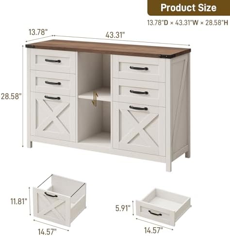 Halitaa Farmhouse Lateral File Cabinet with 6 Drawers, White and Brown