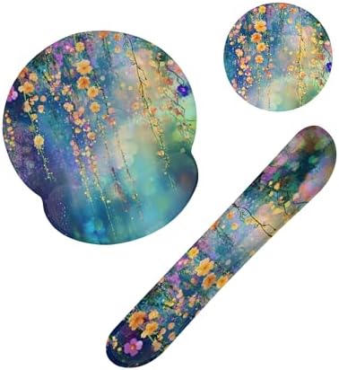 Watercolor Ivy Flower Spring Flower Mouse Pad with Wrist Rest and Keyboard Wrist Rest Set, Non-Slip Rubber Base Memory Foam Mouse Pad Set for Women, Office Desk Accessories, Gaming