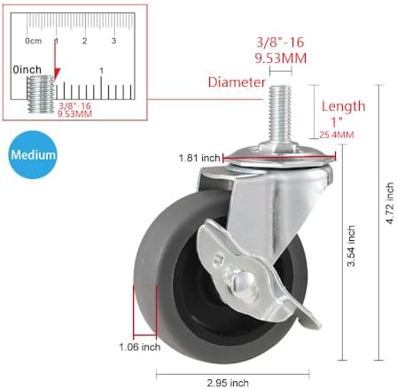 Caster Wheels, 3" Locking Swivel Threaded Stem Casters Set of 4