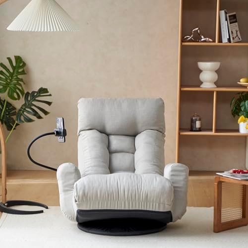 360° Swivel Floor Gaming Chair Linen Folding Chaise Lounge Chair Adjustable Cozy Sofa Chair with Armrests, Phone Holder & Padded Cushion, Ideal for Living Room, Bedroom (Grey)