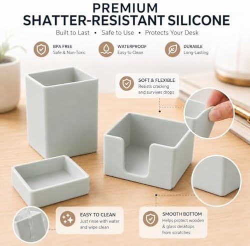 minimaliving Aesthetic Silicone Desk Organizer Set of 3,Modern Office Desk Accessories with Pen Holder,Paperclip Tray,Sticky Note Holder,Stylish Functional Office Desk Decor for Back-to-school(Grey)