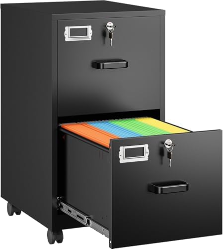 SISESOL 2 Drawer File Cabinet on Wheels,Metal Filing Cabinet with Lock,Black Rolling File Cabinets with Casters,Under Desk Office Cabinets for Home Office,Fit A4/Letter/Legal,Easy Assembly