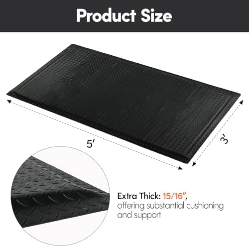 Nisorpa Anti Fatigue Mats Industrial 3' x 5' Ergonomic Standing Mat 15/16" Extra Thick Shop Floor Mat Heavy Duty Commercial Diamond Plate Safty Mat Support for Leg & Back Pain, Black