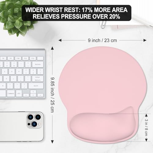 ITNRSIIET Ergonomic Mouse Pad with Wider Memory Foam Wrist Rest +17%, Curved Cushion Reduces Pressure 20%, Pain Relief, Non-Slip, Smooth, Cute Color Desk Accessory, 9.9 x 9 inch, Blush Pink