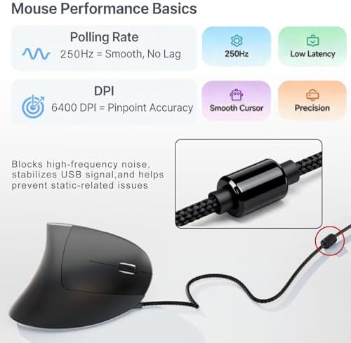 ROCK&ROWN Wired Ergonomic Mouse,Vertical Mouse with Nylon-Braided Cable,6 Buttons,6400 Adjustable DPI,Silent Mouse for PC,Mac,Laptop - Black
