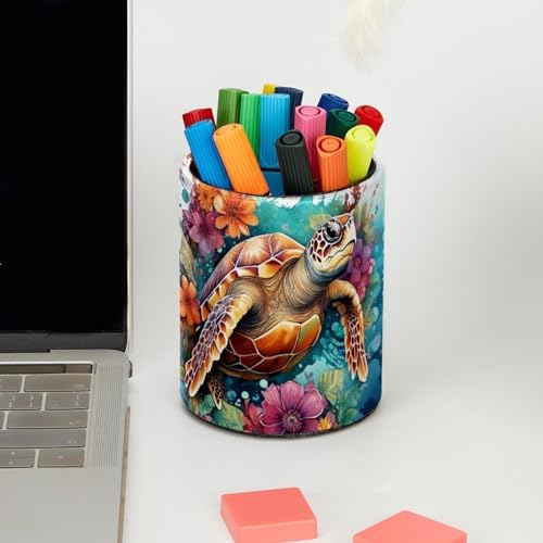 Desk Organizer Pen Holder for Desk, Sea Turtle Flower Pencil Holder, Large Capacity Pen Cup Makeup Brush Holders Desktop Office Supplies Storage Organizer