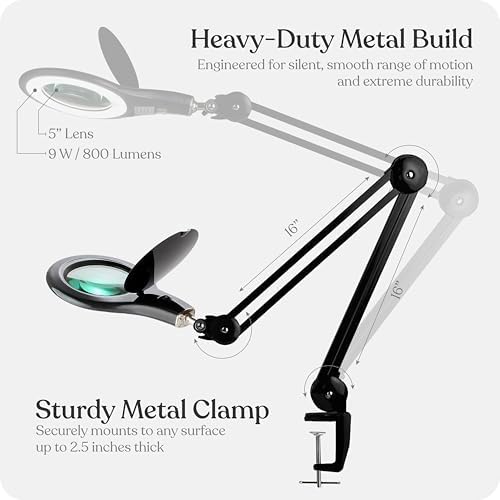 Brightech LightView PRO Magnifying Desk Lamp, 2.25x Light Magnifier, Adjustable Magnifying Glass with Light for Crafts, Reading, Close Work - Black