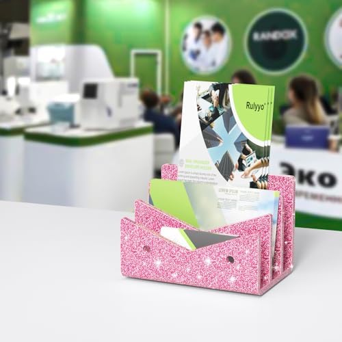 Mail Organizer Envelope Holder - 3 Compartments Glitter Pink Acrylic Mail Holder Countertop Vertical Desk Organizer Small File Bill Document Notebook Letter Sorter for Home School Office