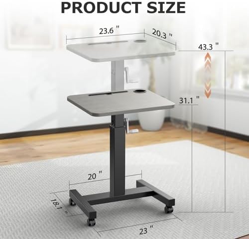 Mobile Standing Desk with Wheels, Elevating Table,Lift desks for Home Office,Rolling Portable Laptop Desk Height Adjustable, Mobile Computer Desk,Small Sit Stand Workstation（Black）