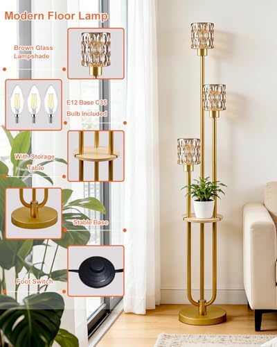 Lightdot Amber Glass Floor Lamp with Table Farmhouse Modern Gold Floor Lamp