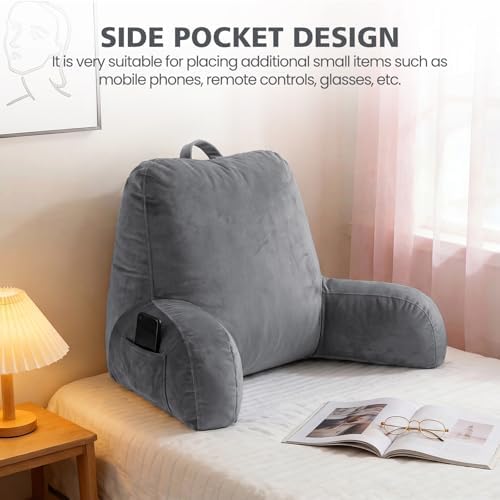 Reading Pillow for Bed Sitting Up, Adults and Teens Backrest with Arms, Velvet Back Support Pillow for Sitting on Sofa, Couch with Washable Cover- Standard, Grey