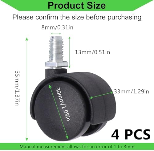 1 Inch Stem Swivel Casters Set of 4, M8 Threaded Stem Swivel Caster Wheels, 360° Rotation Heavy Duty Replacement Castors for Furniture Table Drawer Cabinet Plant Shelf Chair Wheels (Black)