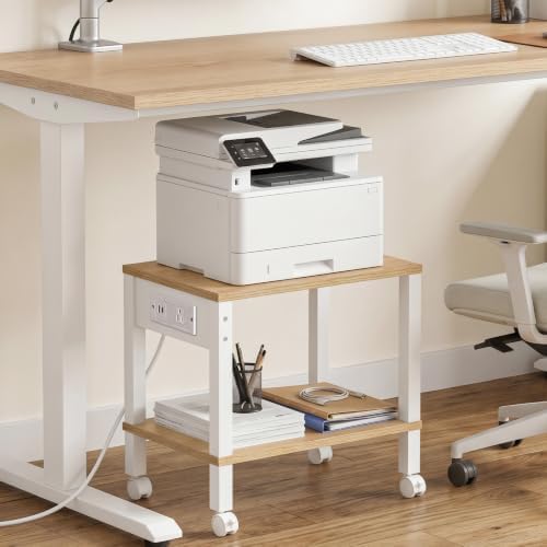 HOOBRO 2-Tier Printer Stand with Charging Station, Under Desk Printer Table, Printer Cart with Storage Shelves, Shelf for Small Spaces, for Home Office, Natural WN38UPS01