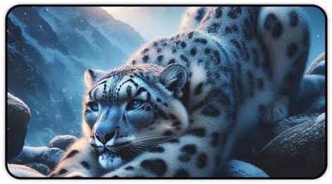 Vibrant Snow Leopard Stretching on Rocks Desk Mat - ICY Blues & Smooth Surface