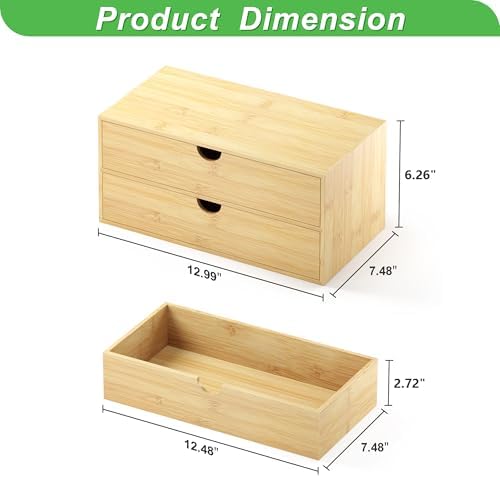 Bamboo Desk Organizer with Drawers, Desktop Storage Box for Office Supplies