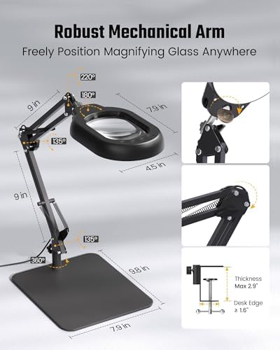 Square Magnifying Desk Lamp, Magnifying Glass with Light and Stand