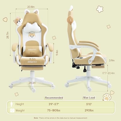 Dowinx Gaming Chair with Cat Ears and Massage Lumbar Support, Ergonomic Computer Chair with Footrest and Headrest, Comfortable Reclining Game Chair 290lbs for Adults, Brown