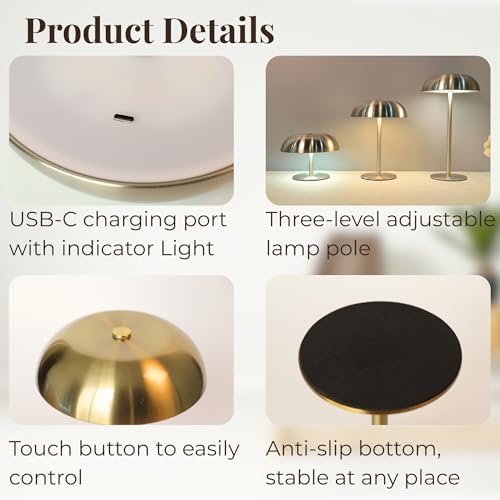 Cordless 11" Mushroom Table Lamp with Dimmable 3 Color, 5200mAh, Gold