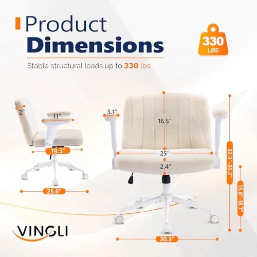 VINGLI Criss Cross Chair with Adjustable Flip-Up Arms,Cross Legged Chair with Wheels, Extra Wide Office Chair,Cozy Desk Chair for Home Office, Vanity, Apartment,Chenille Velvet,Beige