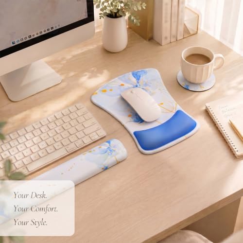 Gel Mouse Pad & Memory Foam Keyboard Wrist Rest Set, Blue Floral