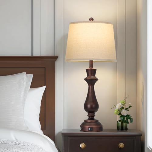 Vintage Table Lamps Set of 2 for Living Room,30" Tall Bedside Lamp with USB Charging Port,3-Way Dimmable Touch Nightstand Lamp for Bedroom Desk Side Table Office,Brown