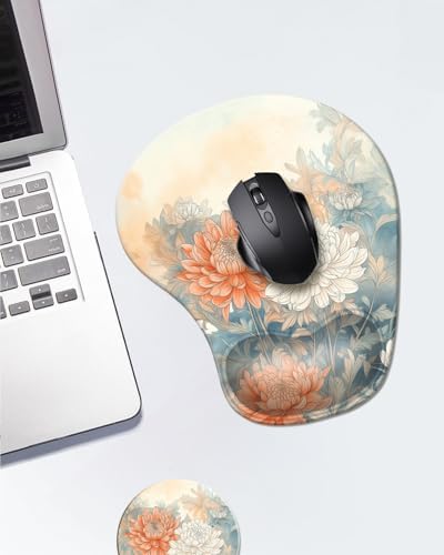 Ergonomic Mouse Pad with Wrist Rest,Comfortable Computer Gel Mouse Pad Wrist Support for Laptop,Pain Relief Mousepad with Non-Slip PU Base Aesthetic Flower