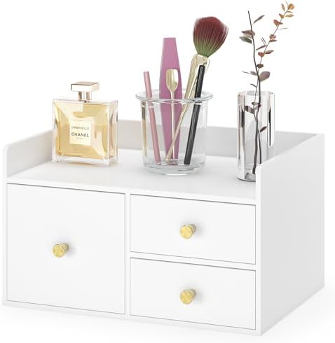 Bamboo Desk Organizer - Stackable, No Assembly Required, Ideal for Office/Home Use - Perfect for Toiletries, Stationery, Accessories. (White, Square drawer to the left of the fence)