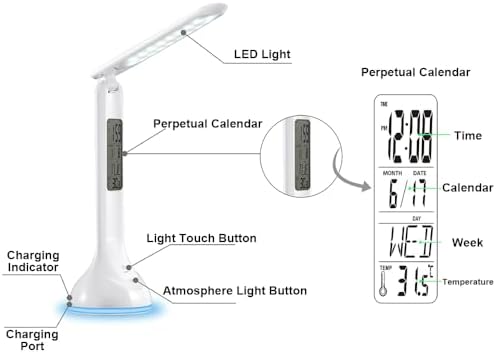 IHAO 7-Color Gradient Ambient Desk Lamp with LED Display Eye-Caring LED Table Lamp with Calendar, Temperature Display, Multi-Angle Adjustable Modern Office Lamp for Home & Office T19A White