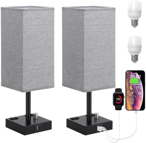 Grey Bedside Table Lamps Set of 2 - Dimmable, USB C+A, 2 AC Outlets