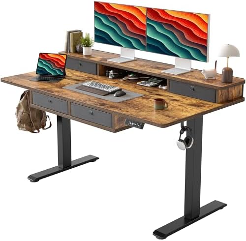 TIQLAB 55 * 28 Inch Standing Desk with Four Drawers, Electric Sit Stand Table, Stand Up Desk Adjustable Height with Storage Shelf, Splice Board, Rustic Brown