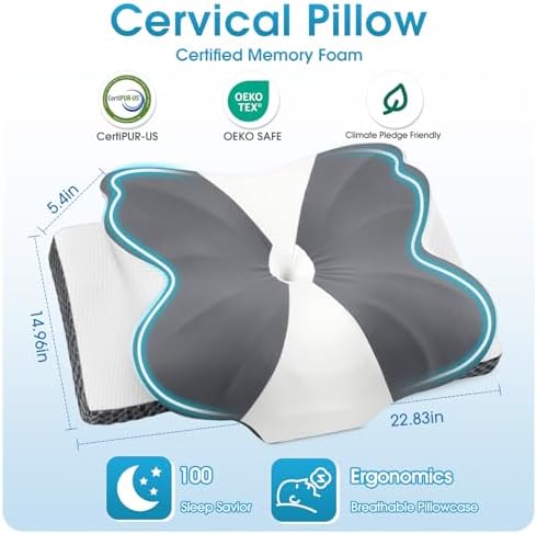 CloudBliss Cervical Memory Foam Pillow for Neck and Shoulder, Contour Neck Support Pillow with Cooling Case, Ergonomic Bed Pillow, Support for Side Back Stomach Sleepers (Grey, Standard Size)