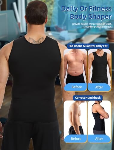2 Pack Compression Shirt Tummy Control Undershirts Vest Workout Shapewear Sleeveless Posture Corrector for Men