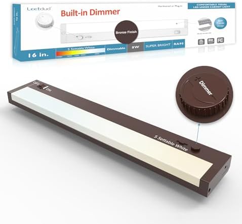 Leetdud Under Cabinet Lights Plug in or Hardwired Built-in Dimmer, 16 Inch 8W, 5CCT 2700K-5000K, Linkable Undercounter Lighting for Kitchen, ETL Dimmable LED Undercabient Light Fixture, Bronze