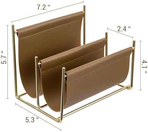 MyGift 2 Slot Modern Mail Holder, Deluxe Brass Tone Metal and Toffee Brown Leatherette Sling Entryway or Desktop Tabletop Letter Sorter