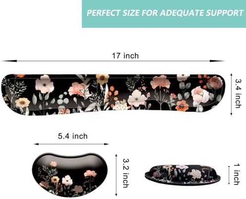 Keyboard Wrist Rest Mouse Wrist Support Set, Memory Foam Wrist Rest Pad for Computer Laptop Keyboard Mouse, Ergonomic Wrist Cushion Support for Typing Pain Relief, Gaming Home Office, Flower Black