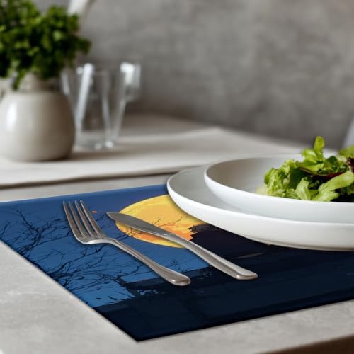 Romantic Evening Full Moon Placemats, Moment Nighttime View Place Mats for Dining/Kitchen Table Waterproof Washable Linen Heat Insulation Dinner Table Mats 12X18 in 8 Pcs