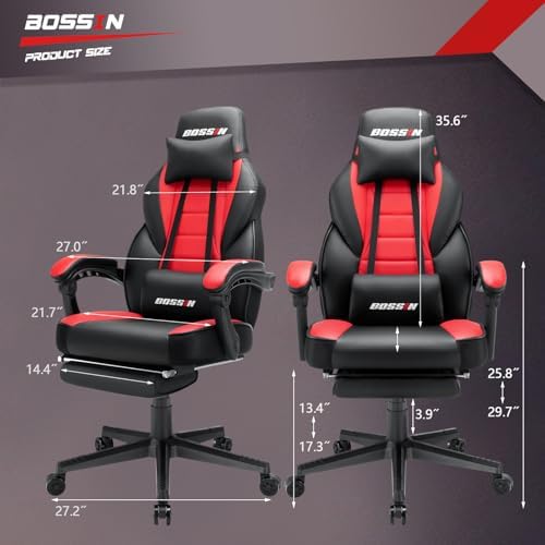 BOSSIN Racing Style Gaming Chair, Leather Computer Desk Chair with Footrest and Headrest, Ergonomic Heavy Duty Design, Large Size High-Back E-Sports, Big and Tall Gaming Chair