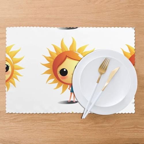 Cartoon Sun Stretching Pattern Placemats Set of 6 - Dining Table Heat Resistant Table Set Mat for Home & Kitchen Decor