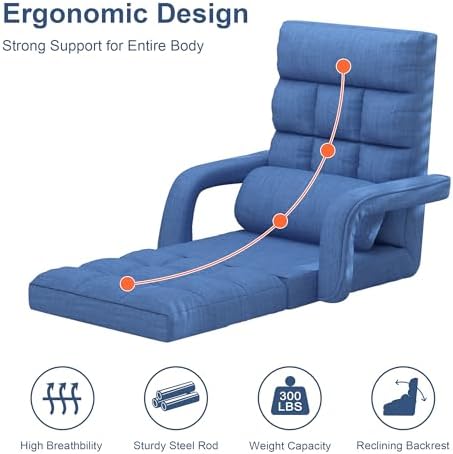 Floor Gaming Chair, 6 Adjustable Position Comfy Chair with Back Support, Ergonomic Chaise Lounge Chair, Meditation Chair with Armrest for Living Room, Bedroom, Blue